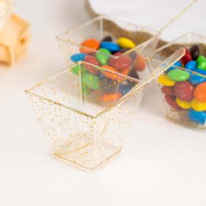 24-Pack Plastic Square Dessert Cups 2oz Clear with Gold Glitters - Disposable Snack Serving Bowls and Spoon Set for Ice Cream, Snacks & Sides