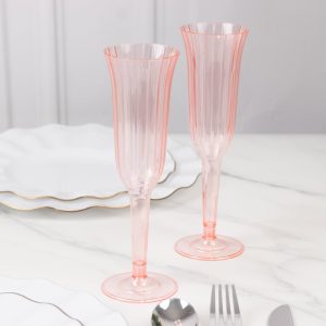 24-Pack Plastic Champagne Flutes 6oz Transparent Blush Flared Design - Disposable Glasses with Detachable Base
