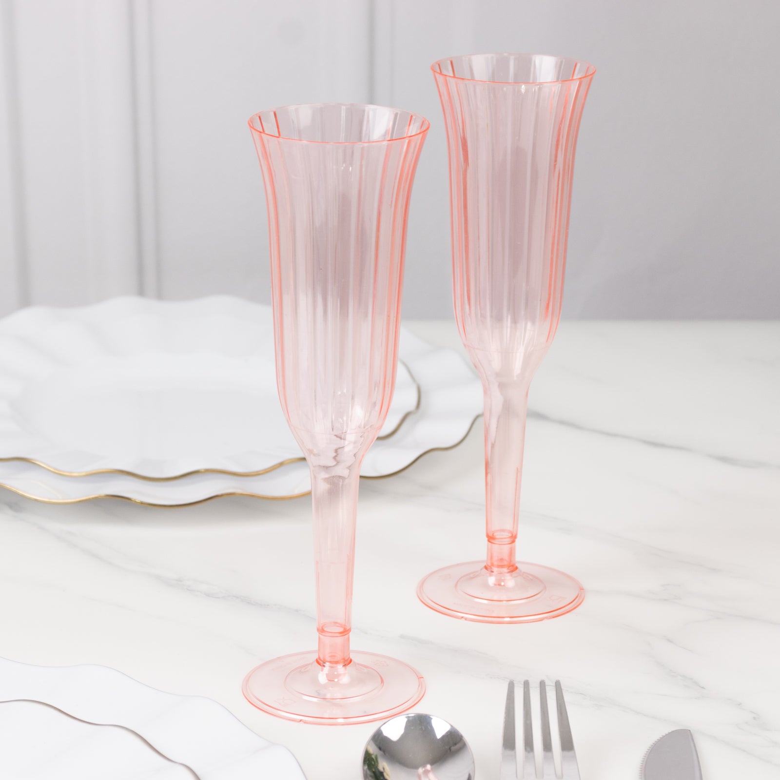 24-Pack Plastic Champagne Flutes 6oz Transparent Blush Flared Design - Disposable Glasses with Detachable Base